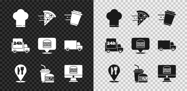 集厨师帽，在线订购披萨送货，咖啡杯去，咖啡馆和餐馆的位置，纸玻璃汉堡，快速汽车和图标。向量图片下载