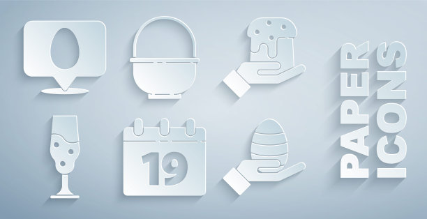 设置日历与快乐的复活节，人的手和复活节蛋糕，酒杯，鸡蛋，篮子和演讲泡沫图标。向量图片下载