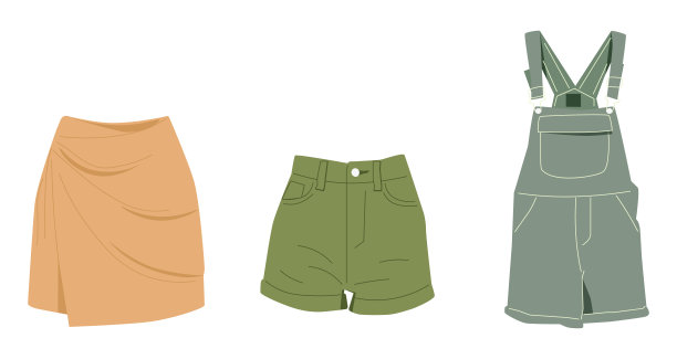 夏季时尚服装矢量平面插图集。休闲或海滩的裤子和裙子的集合。图片下载