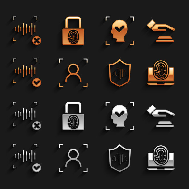 设置人脸识别，掌纹，笔记本电脑指纹，屏蔽语音，语音，拒绝和指纹锁定图标。向量图片下载