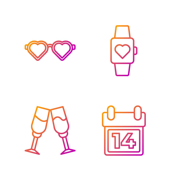 2月14日日历，香槟杯，心形爱情眼镜和心形腕表。渐变颜色图标。向量图片下载