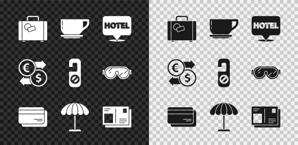 旅行箱，咖啡杯，地点酒店，信用卡，沙滩遮阳伞，盖签证章的护照，货币兑换和请勿打扰图标。向量图片下载