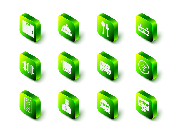 设置酒店服务铃，叉子和勺子，文字招牌，Wi-Fi无线，五星评级审查，房间床，礼宾图标。向量图片下载