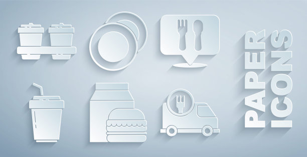 设置在线订购和汉堡交付，咖啡馆餐厅的位置，咖啡杯去，快速由汽车，盘子和图标。向量图片下载