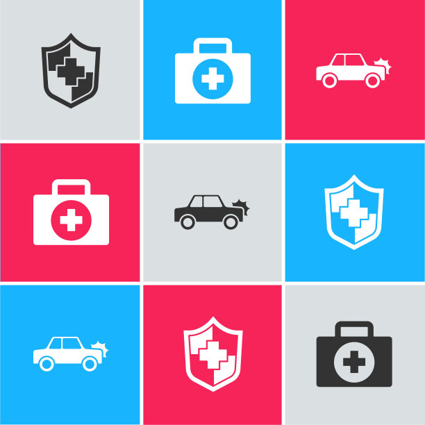 设置人寿保险与盾牌，急救箱和汽车图标。向量图片下载