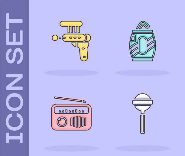 设置棒棒糖，射线枪，收音机与天线和汽水罐吸管图标。向量图片下载