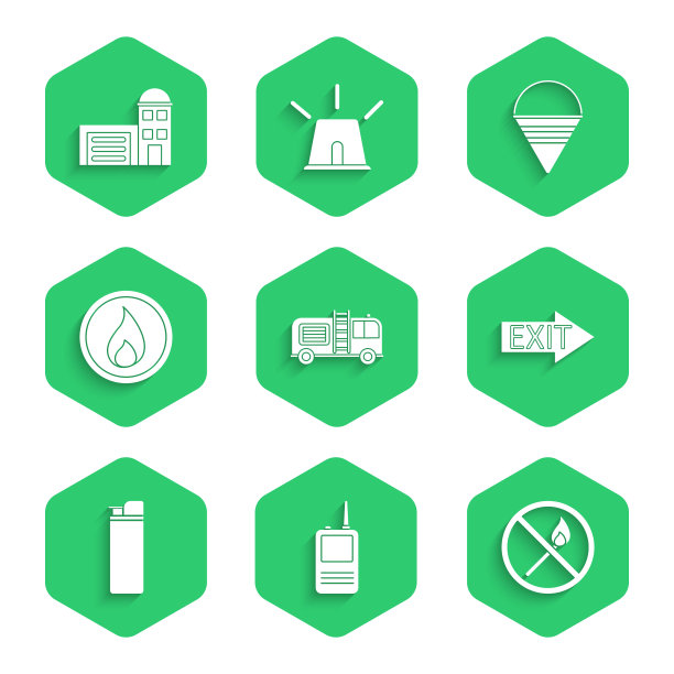 设置消防车，对讲机，无火柴，出口，打火机，火焰，锥形桶和站的建筑物图标。向量图片下载