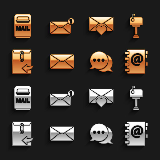 设置信封，邮箱，地址簿，语音气泡聊天，与情人节的心，和图标。向量图片下载