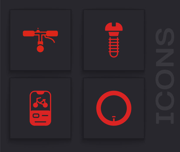 设置自行车车轮，车把，金属螺丝和租赁移动应用程序图标。向量图片下载