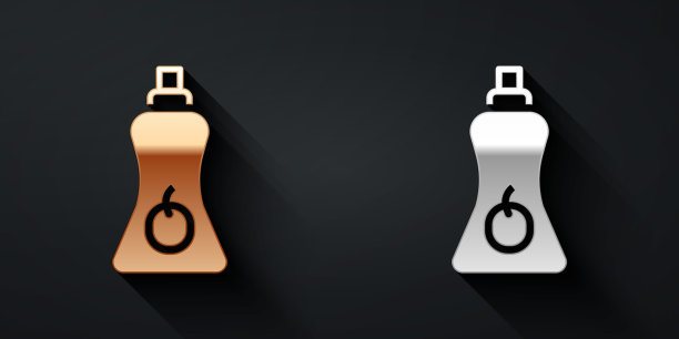 金和银酱瓶图标孤立在黑色背景。蕃茄酱、芥末酱、蛋黄酱瓶，配酱，用于快餐。长影式。向量图片下载