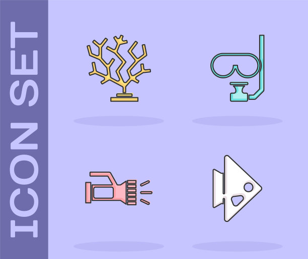 集鱼，珊瑚，手电筒和潜水面具和浮潜图标。向量图片下载