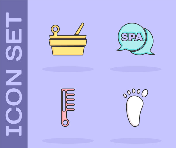 集足部按摩，桑拿桶和勺，发刷和水疗沙龙图标。向量图片下载