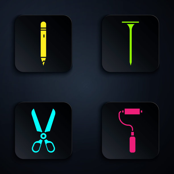 设置油漆辊刷，铅笔与橡皮擦，剪刀和金属钉。黑色方形按钮。向量图片下载