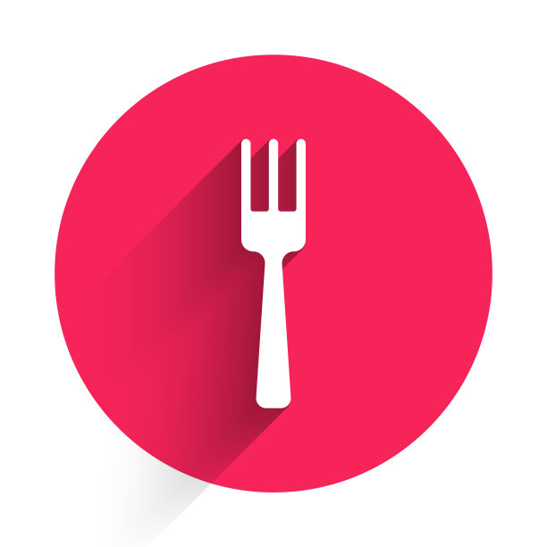 白色叉子图标孤立的长阴影。餐具的象征。红色圆圈按钮。向量图片下载
