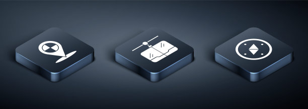 设置等距地图指针与出租车，指南针和缆车图标。向量图片下载