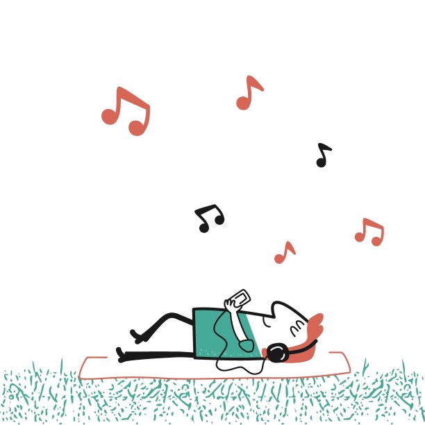 男人躺在草地上听音乐，白色背景上的卡通矢量插图图片下载