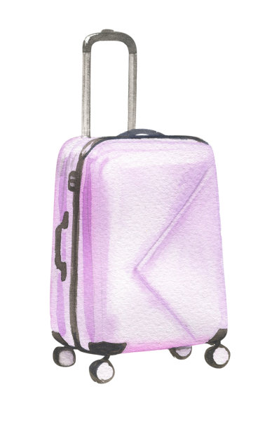 粉红色的旅行箱用水彩画。图片下载