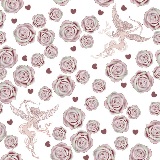 情人节壁纸。无缝图案从有翼的丘比特天使射箭从弓在一个透明的背景与盛开的玫瑰花的心图片下载