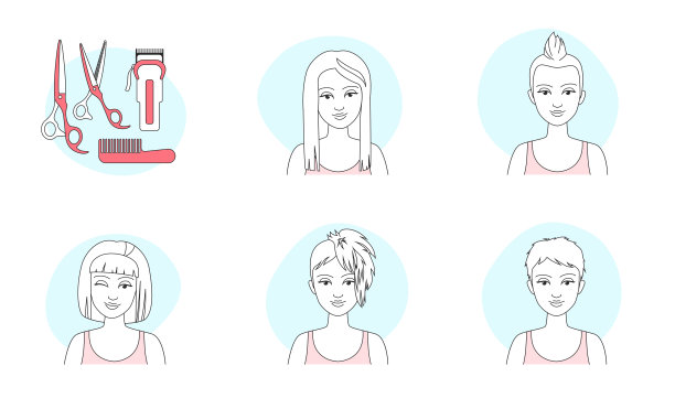 女人的发型集，女孩的不同发型，时尚短发和长发线风格图片下载