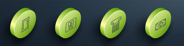 设置等距线大全长镜，蝴蝶在一个框架，古代柱和堆栈纸币现金图标。向量图片下载