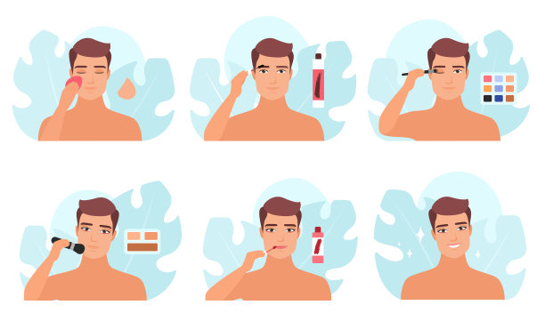 化妆的男人设置，英俊的男性角色拿着海绵和化妆刷图片下载