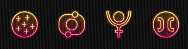 设定线象征冥王星、满月、太阳系和双鱼座。发光的霓虹灯图标。向量图片下载