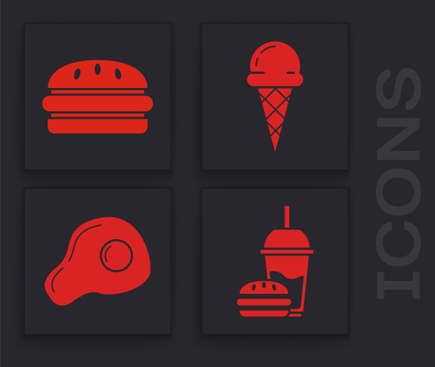 设置纸杯与吸管和汉堡，汉堡，冰淇淋在华夫蛋筒和炒蛋图标。向量图片下载