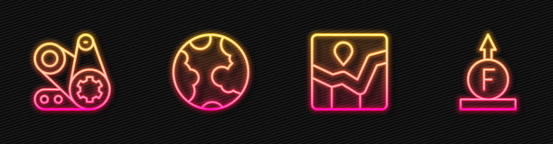 集线图图表信息图，同步带套件，地球和力的物理公式。发光的霓虹灯图标。向量图片下载