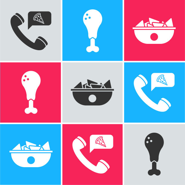 设置食品订购披萨，鸡腿和玉米片在盘子图标。向量图片下载