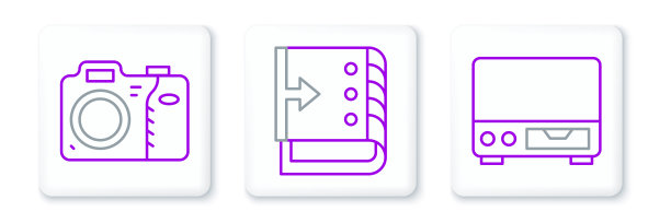 旧录像带播放器，照相机和混音控制器图标。向量图片下载