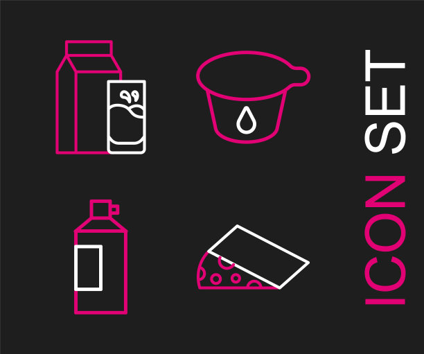 设置线奶酪，生奶油瓶，酸奶容器和纸包装的开菲尔图标。向量图片下载