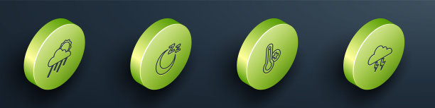 设置等距线云与雨和太阳，时间睡觉，气象温度计和风暴图标。向量图片下载