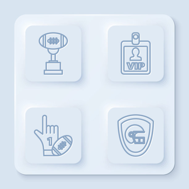 奖品杯和美式橄榄球，VIP徽章，1号球迷手套和美式橄榄球，竖起手指和美式橄榄球头盔和盾牌。白色方形按钮。向量图片下载