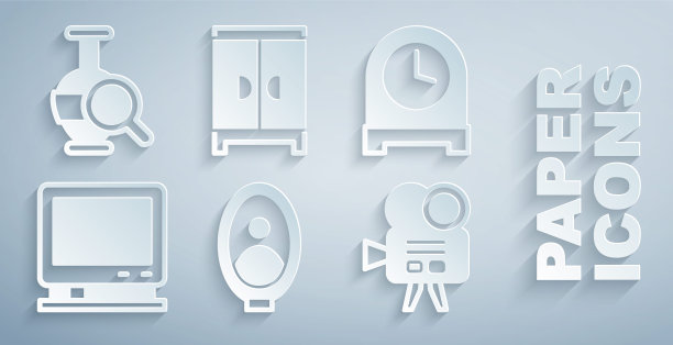 集肖像图片在博物馆，古董钟，复古电视，电影相机，衣柜和古代双耳罐图标。向量图片下载