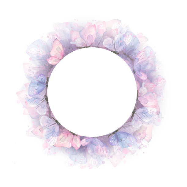 淡紫色、粉色和蓝色的蝴蝶身上溅满了颜料。水彩插图。花环，框架从收集猫和蝴蝶。用于印刷品、明信片、海报的设计和装饰图片下载