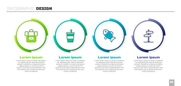 设置徒步背包，带水的纸玻璃，鱼和道路交通标志。业务信息图表模板。向量图片下载