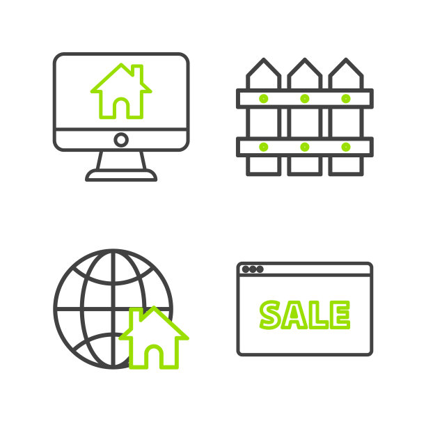 在线销售，环球房屋标志，花园栅栏木制和电脑显示器智能家居图标。向量图片下载