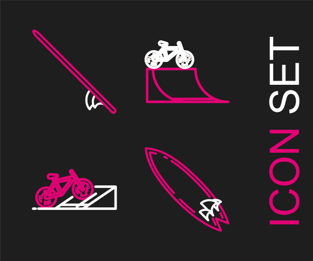 设置线冲浪板，自行车在街道坡道，和图标。向量图片下载