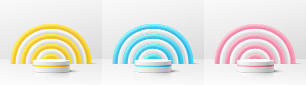 一套白色逼真的3d圆柱体基座裙台与柔和的黄色，蓝色和粉红色的气球在拱门形状。抽象矢量渲染几何形式。样机产品展示。最小的场景背景。图片下载