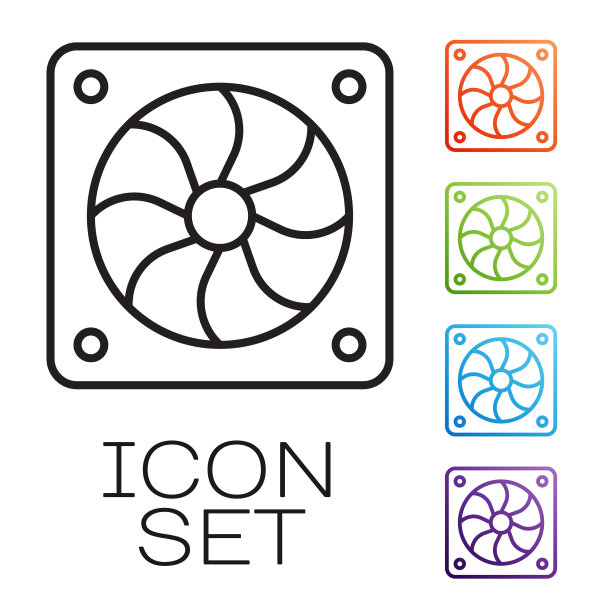 电脑冷却器图标孤立在白色背景。PC硬件风扇。设置图标彩色。向量图片下载