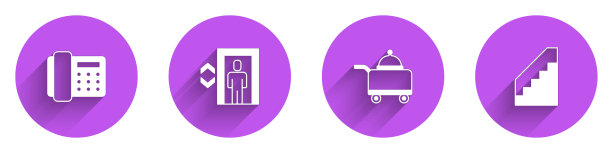 设置电话听筒，电梯，覆盖有食物托盘和长阴影的楼梯图标。向量图片下载