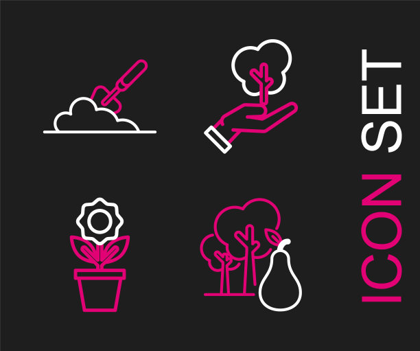 设线树带梨，花盆花，手用环保铲和花园铲或铲地面图标。向量图片下载