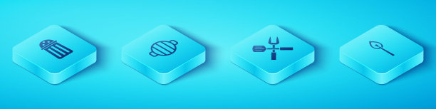 设置等距盐，烧烤架，燃烧火柴与火和交叉叉和抹刀图标。向量图片下载