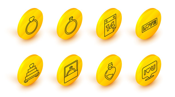 台词泡泡有我爱你，瓶子药水，钻石订婚戒指，婚礼蛋糕心，爱情文字，日历二月十四日，戒指图标。向量图片下载