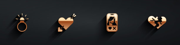 集钻石订婚戒指，爱情与心和箭，约会应用程序在线和破碎或离婚图标长阴影。向量图片下载