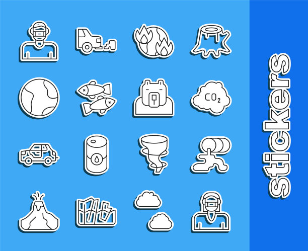 设置线面在保护面具，桶油泄漏，二氧化碳排放云，全球变暖的火，死鱼，地球，和北极熊头图标。向量图片下载