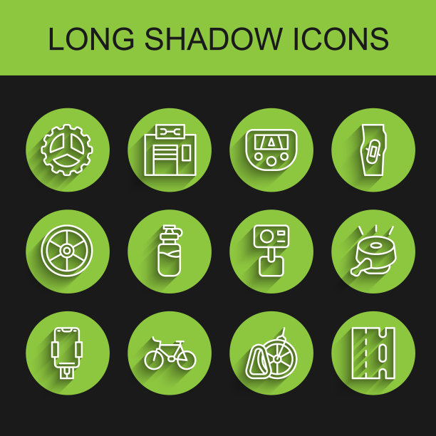 设置线移动支架，自行车，链轮曲柄，停车，车道，运动瓶与水，钟和行动极端相机图标。向量图片下载