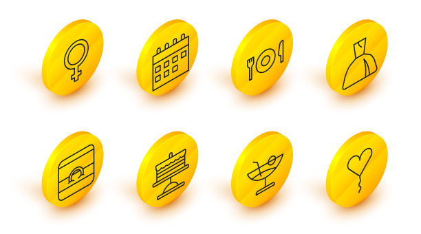 集线气球形式的心脏，鸡尾酒，蛋糕盘，结婚戒指，女人的衣服，盘子，叉和刀，日历和女性性别符号图标。向量图片下载