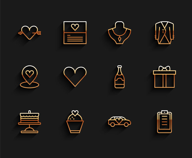 设线蛋糕上的盘子，婚礼蛋糕与心脏，爱情和箭头，豪华轿车，剪贴板检查表，心脏，礼盒和香槟瓶图标。向量图片下载