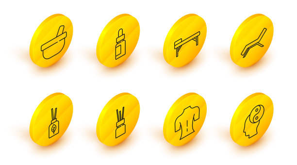 设有阴阳，按摩，芳香扩散器，日光浴床和伞，桌子，精油瓶和臼杵图标。向量图片下载